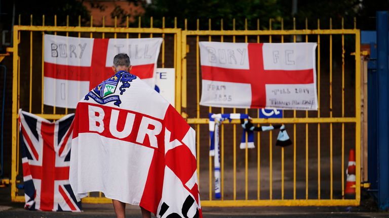 Supporter seen at Bury's Gigg Lane ground following a decision by C&N Sporting Risk, saying it was unable to continue with its takeover of the club on August 27, 2019 in Bury,