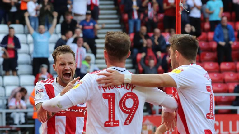 Chris Maguire celebrates with teammates after giving Sunderland the lead