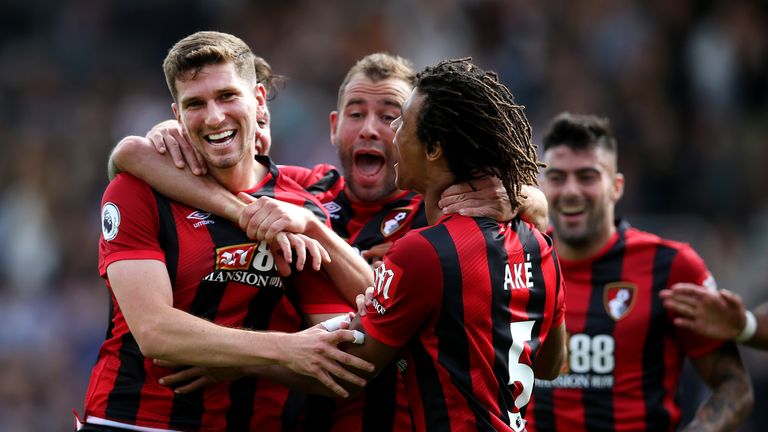 Chris Mepham celebrates his goal with teammates