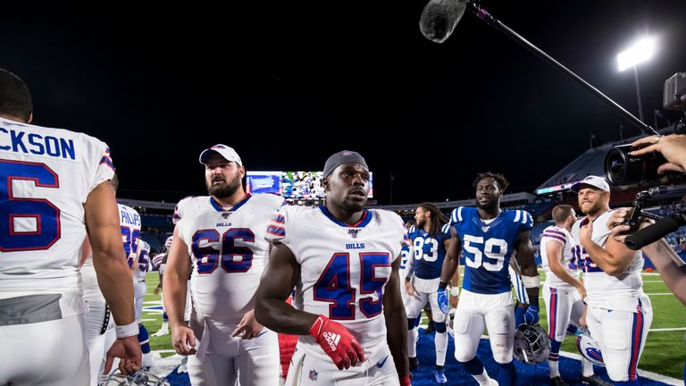 ORCHARD PARK, NY - AUGUST 08:  Christian Wade #45 of the Buffalo Bills walks on the field after a preseason game against the Indianapolis Colts at New Era Field on August 8, 2019 in Orchard Park, New York. Buffalo defeats Indianapolis 24 -16.  (Photo by Brett Carlsen/Getty Images) *** Local Caption *** Christian Wade