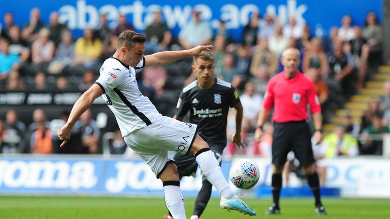 Connor Roberts of Swansea in action during the Sky Bet Championship match against Birmingham 