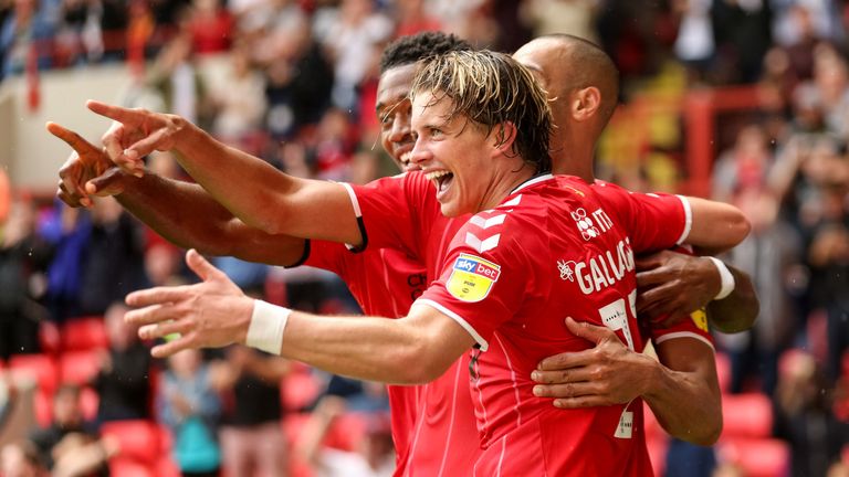 Charlton Athletic's Conor Gallagher (right) celebrates scoring his side's third goal of the game