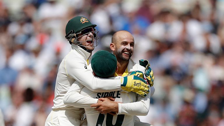 Nathan Lyon celebrates the fall of another England wicket in the first Ashes Test  at Edgbaston