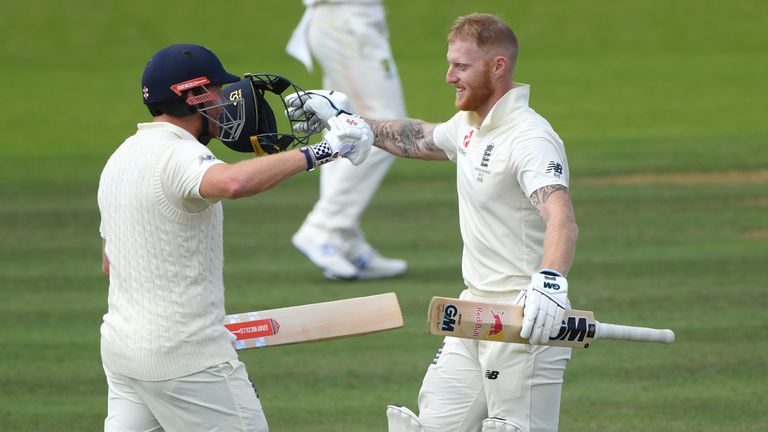 Ben Stokes (R) celebrates reaching his ton against Australia in the 2019 Lord's Test with England team-mate Jonny Bairstow