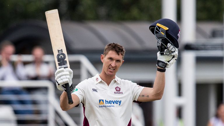 Northamptonshire's Dwaine Pretorius acknowledges the applause on reaching his century on his County Championship debut against Worcestershire