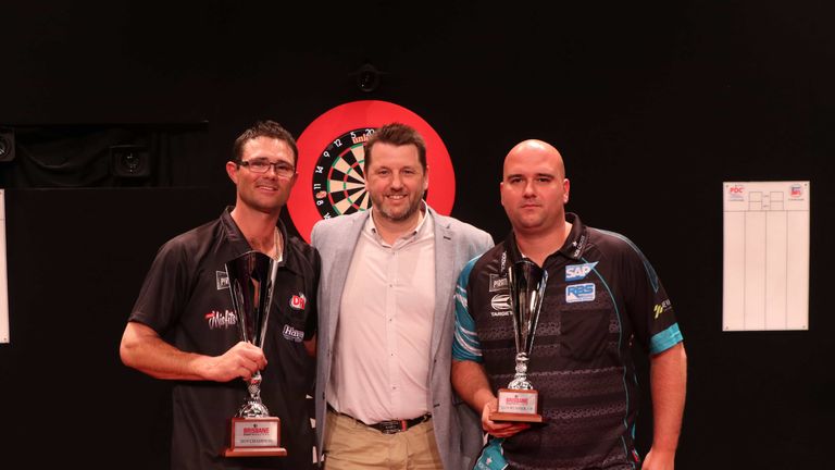 Damon Heta and Rob Cross after the conclusion of the 2019 Brisbane Darts Masters (Credit PDC/DartsPlace)