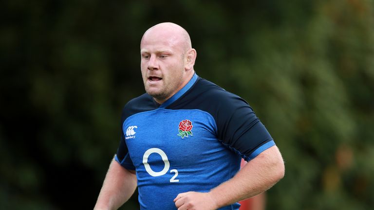 BAGSHOT, ENGLAND - AUGUST 08: Dan Cole looks on during the England training session held at Pennyhill Park on August 08, 2019 in Bagshot, England. (Photo by David Rogers/Getty Images)