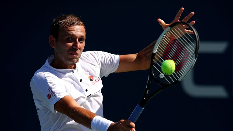 Dan Evans of Great Britain returns a shot during his Men's Singles first round match against Adrian Mannarino of France during day one of the 2019 US Open at the USTA Billie Jean King National Tennis Center on August 26, 2019 in the Flushing neighborhood of the Queens borough of New York City.