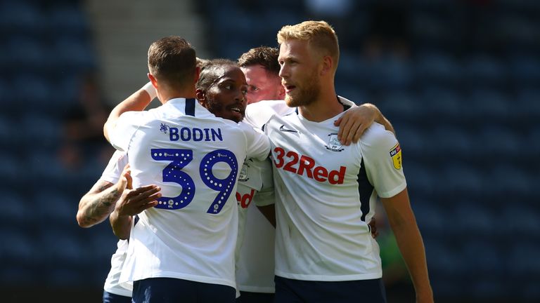 Preston North End's Daniel Johnson (second left) celebrates scoring his side's first goal of the game
