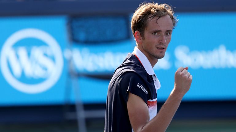 Daniil Medvedev celebrates securing matchpoint against David Goffin to win the Cincinnati Masters 