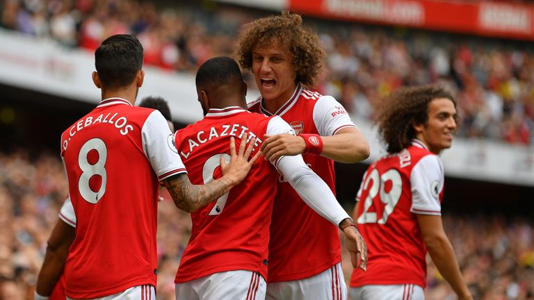 David Luiz congratulates Alexandre Lacazette after the striker gives Arsenal the lead 