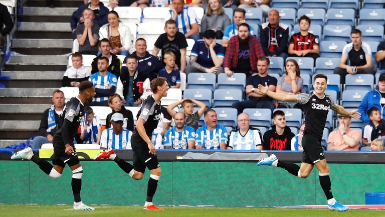 Tom Lawrence celebrates scoring Derby's second goal against Huddersfield