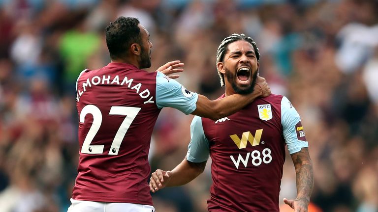 Aston Villa's Douglas Luiz celebrates his goal with Ahmed Elmohamady