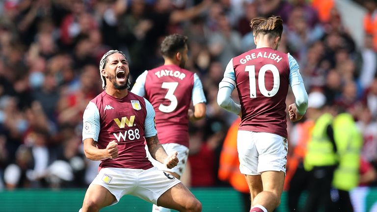 Douglas Luiz celebrates after scoring for Aston Villa