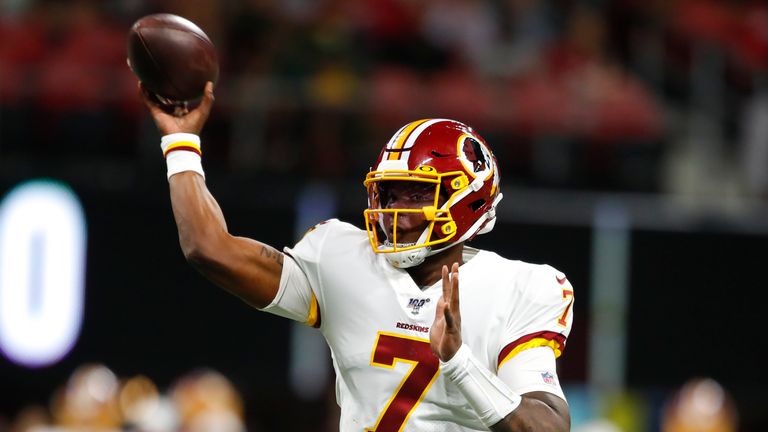ATLANTA, GA - AUGUST 22: Quarterback Dwayne Haskins #7 of the Washington Redskins passes in the second half of an NFL preseason game against the Atlanta Falcons at Mercedes-Benz Stadium on August 22, 2019 in Atlanta, Georgia. (Photo by Todd Kirkland/Getty Images) *** Local Caption *** Dwayne Haskins