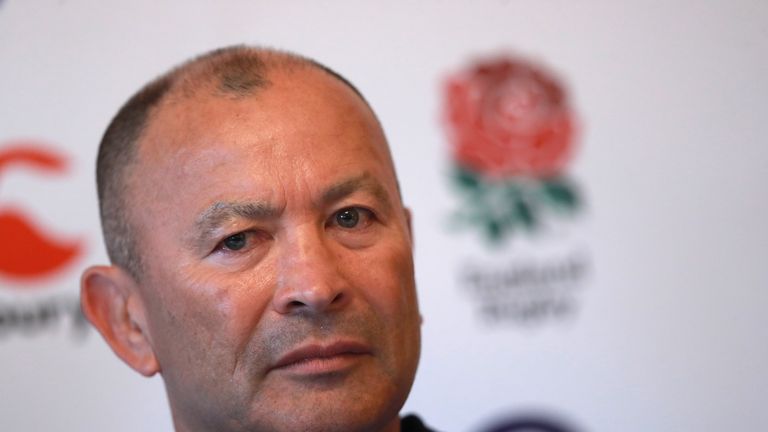 BAGSHOT, ENGLAND - AUGUST 10: Eddie Jones, the England head coach faces the media during the England media session held at Pennyhill Park on August 10, 2019 in Bagshot, England. (Photo by David Rogers/Getty Images)