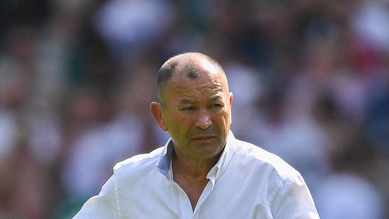 Head coach Eddie Jones of England looks on during the warm up prior to the 2019 Quilter International between England and Ireland at Twickenham Stadium on August 24, 2019 in London, England. 