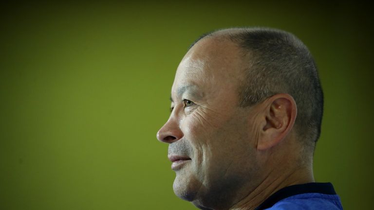 Eddie Jones, the England head coach, faces the media during the England media session on August 16, 2019 in Bristol, England. 