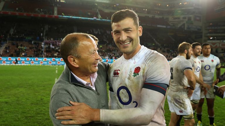 Eddie Jones and Jonny May during the third Test match between South Africa and England at Newlands Stadium on June 23, 2018 in Cape Town, South Africa.