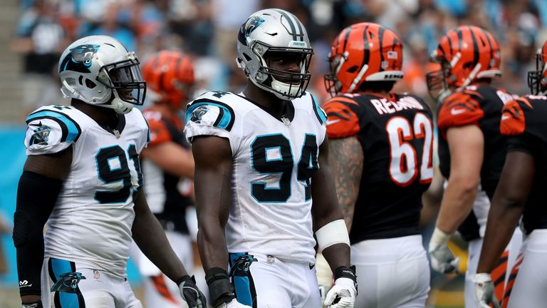 Efe Obada during their game at Bank of America Stadium on September 23, 2018 in Charlotte, North Carolina.