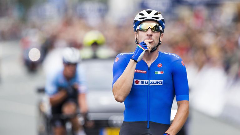 Elia Viviani celebrates after winning the European Road Cycling Championships