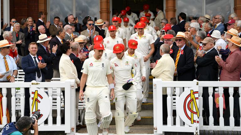 England and Australia players wear red caps on Ruth Strauss Foundation Day at Lord's