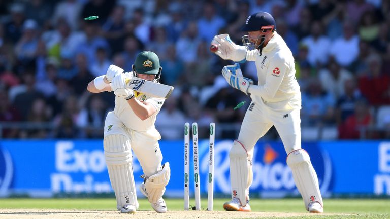 Harris is bowled by Leach as England look to fight back in the third Test.