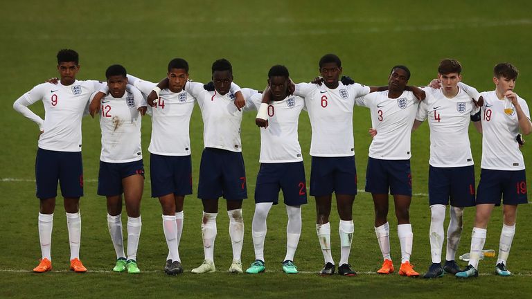 England players during the UEFA European Under-17 Championship Semi Final match between England and the Netherlands at the Proact Stadium on May 17, 2018 in Chesterfield, England.