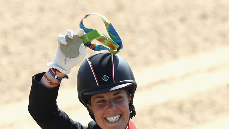 Charlotte Dujardin celebrates at the Rio Olympic Games in 2016