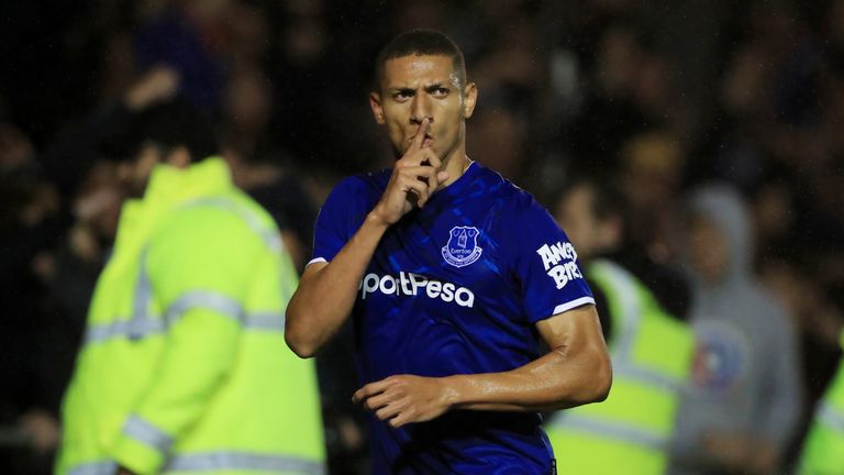 Everton's Richarlison celebrates scoring his side's fourth goal of the game during the Carabao Cup Second Round match at Sincil Bank, Lincoln. PRESS ASSOCIATION Photo. Picture date: Wednesday August 28, 2019. See PA story SOCCER Lincoln. Photo credit should read: Mike Egerton/PA Wire. RESTRICTIONS: EDITORIAL USE ONLY No use with unauthorised audio, video, data, fixture lists, club/league logos or "live" services. Online in-match use limited to 120 images, no video emulation. No use in betting, games or single club/league/player publications.