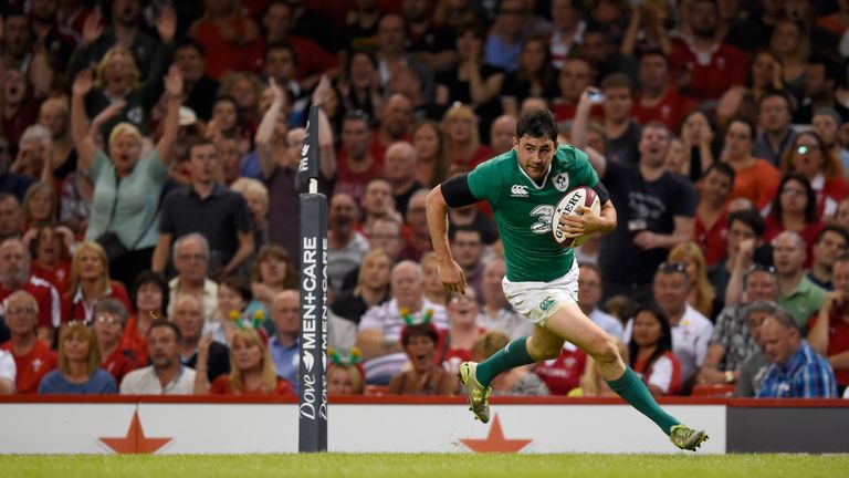 Ireland full back Felix Jones crosses for a try during the Rugby World Cup warm up match between Wales and Ireland at Millennium Stadium on August 8, 2015 in Cardiff, Wales. 