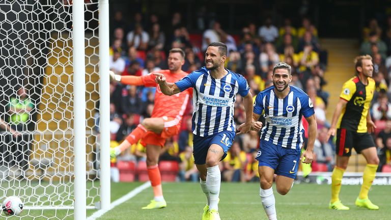 Florin Andone wheels away from goal after scoring Brighton's second