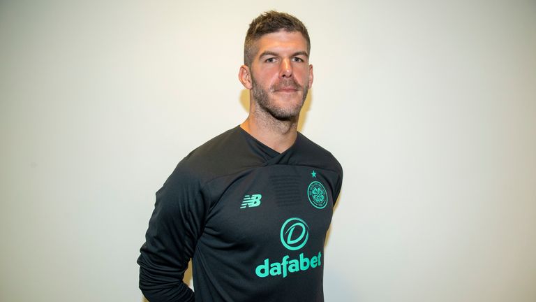 Celtic goalkeeper Fraser Forster is pictured at Celtic Park after re-signing for the club