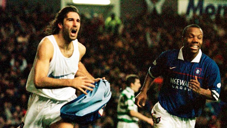 Gabriel Amato celebrates scoring against Celtic