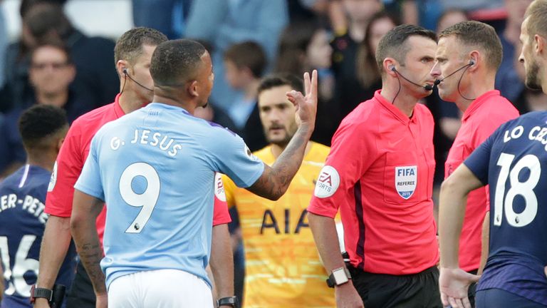 Gabriel Jesus pleads with Michael Oliver after his goal is ruled out by VAR
