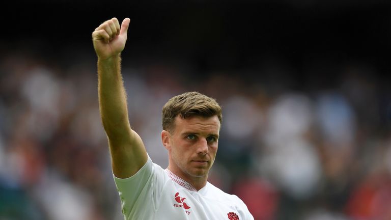 LONDON, ENGLAND - AUGUST 11: George Ford of England shows appreciation to the fans following victory in the 2019 Quilter International match between England and Wales at Twickenham Stadium on August 11, 2019 in London, England. (Photo by Shaun Botterill/Getty Images)