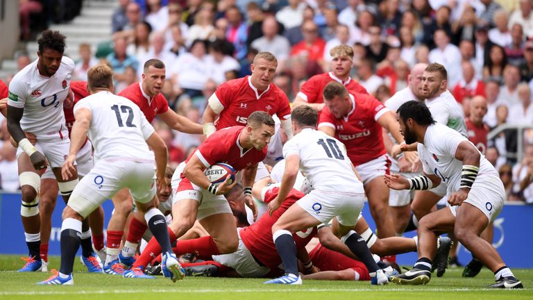LONDON, ENGLAND - AUGUST 11: George North of Wales scores his team's second try during the 2019 Quilter International match between England and Wales at Twickenham Stadium on August 11, 2019 in London, England. (Photo by Laurence Griffiths/Getty Images)