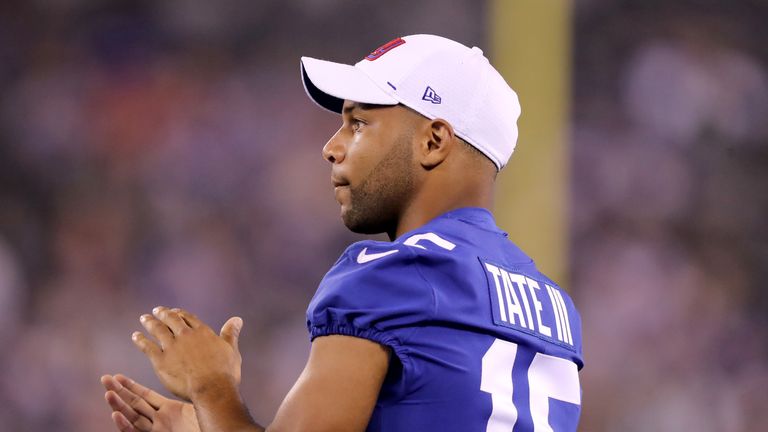 Golden Tate #15 of the New York Giants claps from the bench in the fourth quarter against the New York Jets during a preseason matchup at MetLife Stadium on August 08, 2019