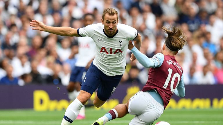 Tottenham's Harry Kane and Jack Grealish of Aston Villa in action