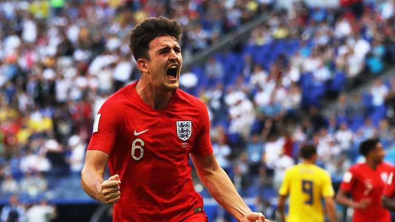 SAMARA, RUSSIA - JULY 07:  Harry Maguire of England runs off to celebrate after scoring during the 2018 FIFA World Cup Russia Quarter Final match between Sweden and England at Samara Arena on July 7, 2018 in Samara, Russia. (Photo by Ian MacNicol/Getty Images)