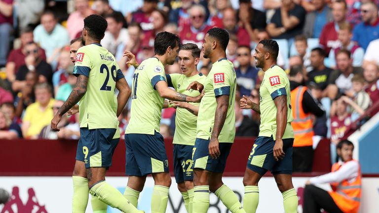 Harry Wilson celebrates with teammates after doubling Bournemouth&#39;s lead by way of a deflection off Tyrone Mings