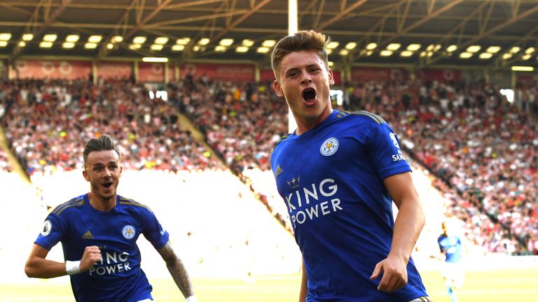 Harvey Barnes celebrates scoring Leicester's second goal 