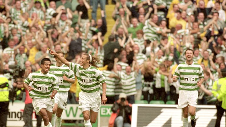 Henrik Larsson celebrates scoring in Celtic's 6-2 win over Rangers in August, 2000