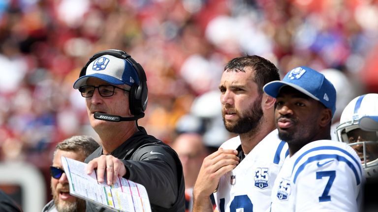 Colts head coach Frank Reich with Andrew Luck and Jacoby Brissett