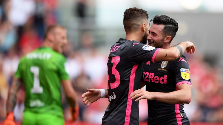 Jack Harrison celebrates scoring for Leeds with team-mate Mateusz Klich