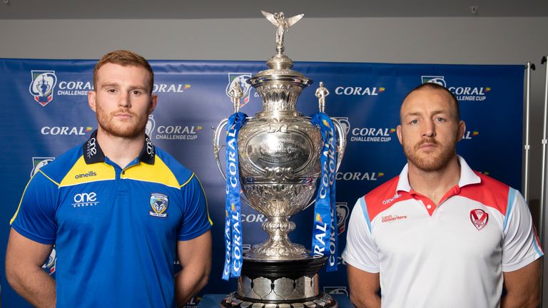 Picture by Paul Currie/SWpix.com - 19/08/2019 - Rugby League - Coral Challenge Cup Press Conference - Social 7, Manchester, England - Warrington Wolves' Jack Hughes and St Helens' James Roby pose with the trophy