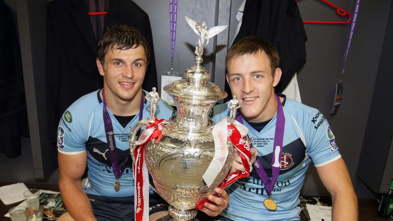 PICTURE BY VAUGHN RIDLEY/SWPIX.COM - Rugby League - Carnegie Challenge Cup Final 2008 - Hull FC v St. Helens - Wembley Stadium, London, England - 30/08/08...Copyright - Simon Wilkinson - 07811267706...St. Helens Jon Wilkin and James Roby celebrate winning the Cup in the dressing room.