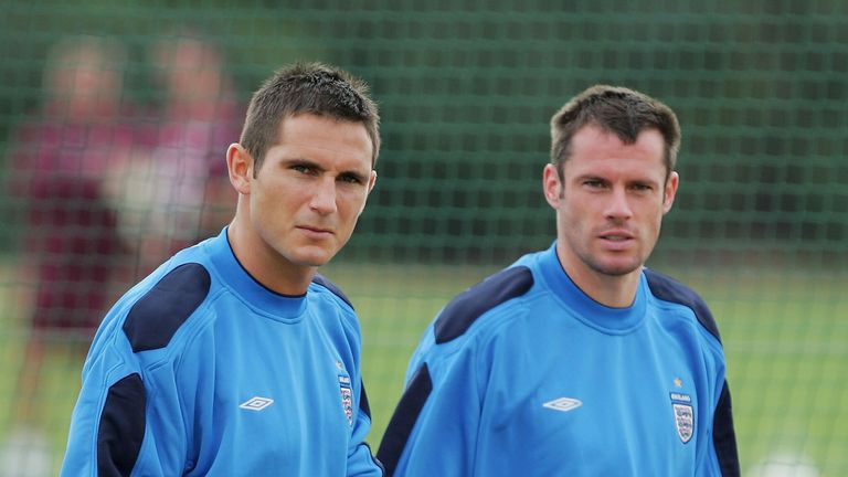 LONDON, UNITED KINGDOM - SEPTEMBER 1:  Frank Lampard and Jamie Carragher look on during the England training session at Arsenal's training ground in Colney on September 1, 2005 in London, England.  (Photo by Mike Hewitt/Getty Images) *** Local Caption *** Frank Lampard;Jamie Carragher