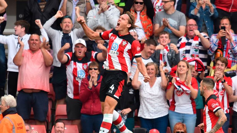 Jannik Vestergaard celebrates after scoring Southampton's equaliser