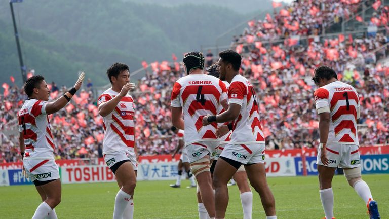 KAMAISHI, JAPAN - JULY 27: Timothy Lafaele of Japan celebrates his try with team mates during the Pacific Nations Cup match between Japan and Fiji at Kamaishi Unosumai Memorial Stadium on July 27, 2019 in Kamaishi, Iwate, Japan. (Photo by Toru Hanai/Getty Images)